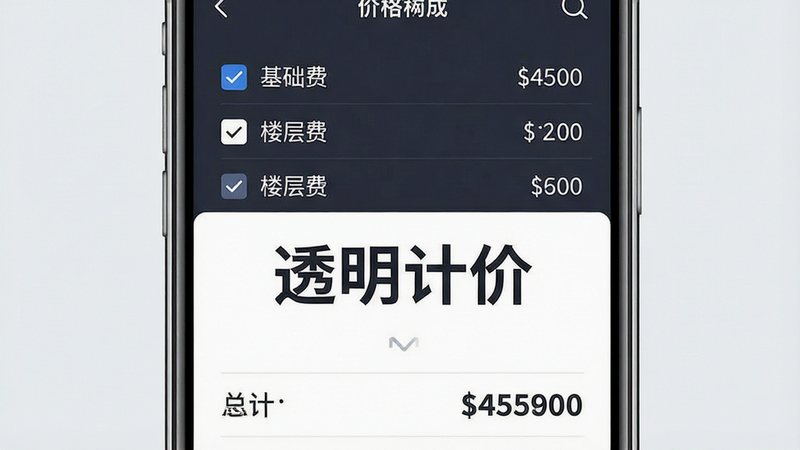 一张展示价格计算器界面的手机截图风格图,屏幕显示详细的费用构成列表,包括基础费、楼层费等,布局整齐,风格简约商务,细节包含勾选框与总计金额,文字“透明计价”醒目,画质清晰,无杂乱背景