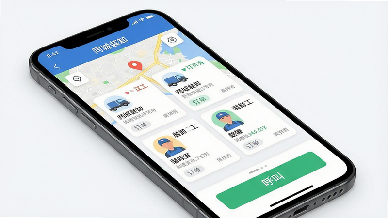一张展示“同城装卸”APP界面的高保真设计图,主体为手机屏幕,屏幕内显示地图定位与多个装卸工卡片,布局清晰,排版简洁,风格为现代扁平化UI,细节包含订单状态标签与一键呼叫按钮,画质4k,干净,无多余元素,文字“同城装卸”清晰可见