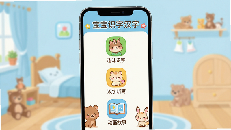 ����Ϊ������ʶ�ֺ��֡�APP����չʾ�����ֳ����ֻ���Ļ���У�����Ϊ��͵�ǳ��ɫ��ͯ���������Ű�������������ʾӦ�����ƣ��м�����չʾ�������Ĺ���ͼ�꣺Ȥζʶ�֡�������д���������¡����Ϊ��ƽ����ͨ��ƣ�ɫ��������ܰ��ϸ�ڴ��пɰ��Ŀ�ͨ���������׺�����ʸ��壬�ɾ��޶���Ԫ�ء�