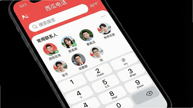 一张高清手机屏幕截图,主体为“西瓜电话”APP的主界面。布局采用上下结构,上方是搜索栏和“常用联系人”头像网格,下方是数字拨号键盘。排版整洁有序,风格为现代扁平化设计,色彩以清新的西瓜红和白色为主。细节处显示界面UI精致,按钮圆润,无多余装饰元素。画质4K,干净,无多余水印。