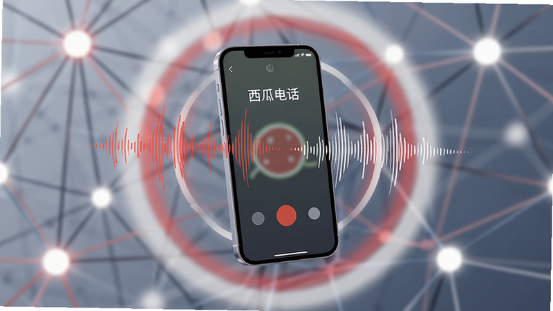 概念插图,主体为一部智能手机悬浮在抽象的网络节点背景中,屏幕显示“西瓜电话”的通话界面。布局中心突出手机,周围环绕着代表语音波动的红色和白色光环。排版具有科技感,风格为极简主义数字艺术。细节展示声波从手机屏幕向外扩散,象征声音传输。画质高清,光影效果柔和,干净,无杂乱线条。