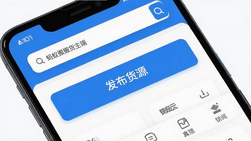 主体为安卓手机屏幕,显示“蚂蚁搬搬货主端”App首页界面,布局清晰,顶部为搜索栏,中部为“发布货源”大按钮,底部为导航栏,风格为现代扁平化UI,细节包含蓝色主色调和白色卡片,画质高清,干净,无多余元素,文字包含“蚂蚁搬搬货主端”