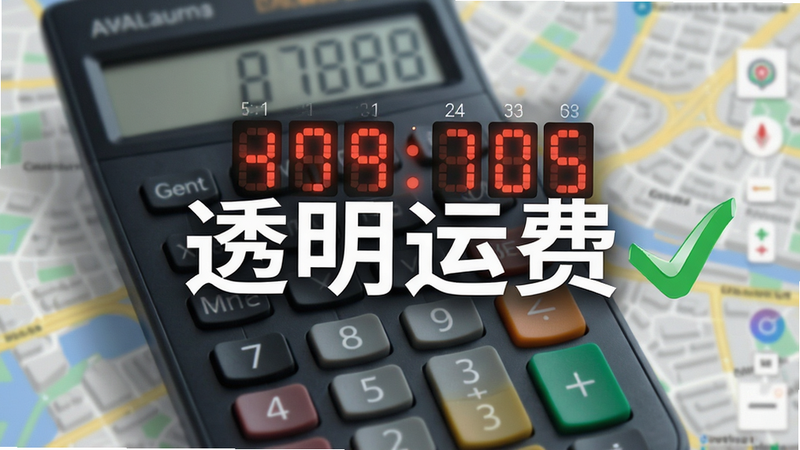 主体为计算器界面与地图叠加的视觉图,显示运费数字跳动,背景为模糊的城市地图,布局居中,排版工整,风格商务简约,细节包含绿色对勾表示确认,画质高,干净,无多余元素,文字包含“透明运费”