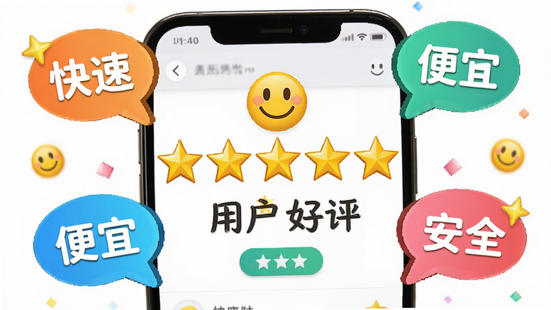 主体为五星好评界面截图,周围环绕着“快速”、“便宜”、“安全”等气泡标签,布局中心突出,排版活泼,风格明亮,细节包含笑脸图标,画质高,干净,无多余元素,文字包含“用户好评”