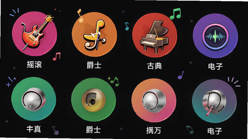 主体为音频分类界面,布局紧凑有序,排版清晰,风格活泼,细节生动,画质高清晰,无杂乱元素,展示多个圆形图标代表不同音乐流派,如“摇滚”、“爵士”、“古典”、“电子”,每个图标下方标注名称,背景为深色模式,突出色彩鲜艳的图标,体现资源丰富与分类细致