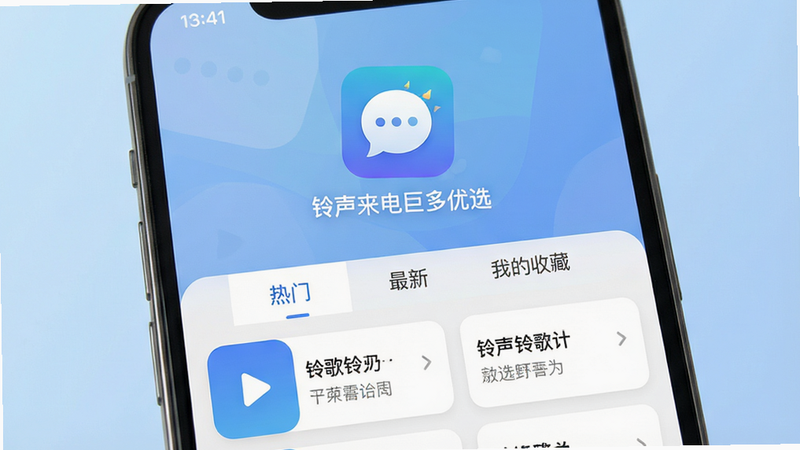 主体为手机界面展示,布局清晰,排版整齐,风格现代简约,细节丰富,画质高清干净,无多余元素,画面中央显示“铃声来电巨多优选”APP图标及名称,背景为柔和的渐变蓝色,突出铃声列表界面,包含“热门”、“最新”、“我的收藏”等标签页,下方展示几条精选铃声卡片,每张卡片左侧有播放按钮,右侧显示歌名和歌手,整体视觉舒适,体现专业音频管理工具的特点