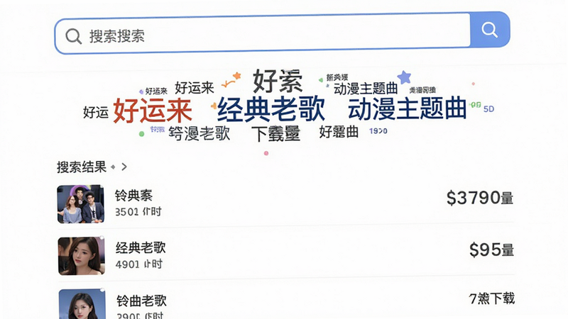 主体为搜索界面,布局流畅,排版合理,风格清新,细节友好,画质明亮,无冗余装饰,顶部为搜索框,下方显示热门搜索词云,如“好运来”、“经典老歌”、“动漫主题曲”,再下方为搜索结果列表,每行包含铃声名称、时长和下载量,背景为白色,突出搜索功能的强大与便捷