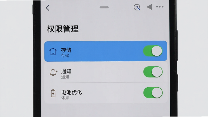 主体为手机设置界面,布局清晰,排版规范,风格简洁,细节明确,画质清晰,无杂乱元素,显示“权限管理”列表,高亮显示“存储”、“通知”、“电池优化”三项权限开关,背景为浅灰色,突出权限设置的重要性与操作指引