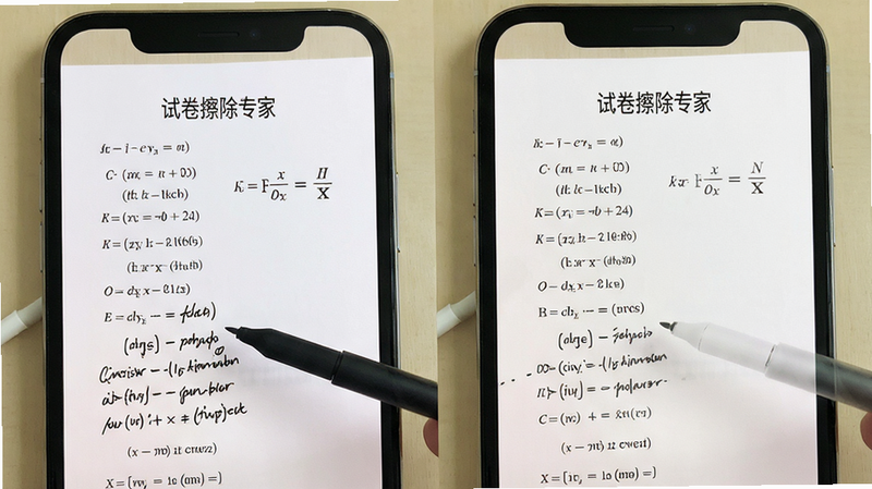 主体为手机界面,显示一张数学试卷,左侧有手写笔迹,右侧笔迹消失仅留印刷体,布局为左右对比,排版简洁,风格扁平化,细节清晰,画质高清,干净,无多余元素,文字: