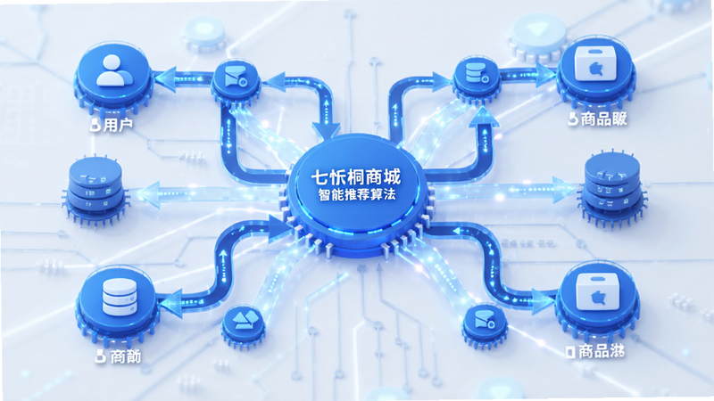 七忻桐商城智能推荐算法示意图,主体为数据流连接用户与商品,布局中心对称,排版科技感强,风格蓝色调,细节包含数据节点与箭头,画质清晰,干净,无多余元素