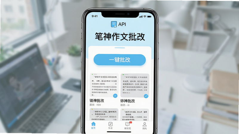 一张高清的移动端应用界面概念图,主体为智能手机屏幕,显示“笔神作文批改”APP首页,界面设计简洁现代,主色调为清新的淡蓝色和白色,顶部有醒目的APP名称,中间区域展示“一键批改”的大按钮和几篇已批改作文的缩略图,底部导航栏清晰可见,背景虚化处理,突出屏幕内容,整体风格扁平化,细节精致,画质高清,无多余元素