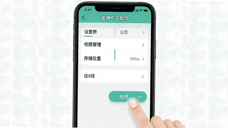 一张手机屏幕截图风格的展示图,显示“笔神作文批改”APP的设置页面,重点突出“权限管理”和“存储位置”选项,界面元素清晰,手指点击“允许”按钮的示意动作,背景干净,强调操作指引,高清矢量风格