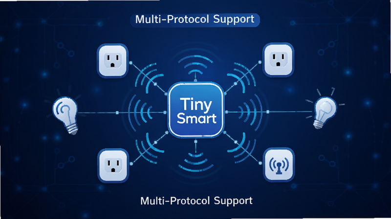 主体为Tiny Smart设备连接示意图,布局为中心辐射状,中心是Tiny Smart图标,周围环绕着灯泡、插座、传感器等图标,排版对称,风格科技感强,细节处显示连接线条与信号波纹,画质清晰,干净,无多余元素,背景为深蓝色渐变,文字标签为“Multi-Protocol Support”