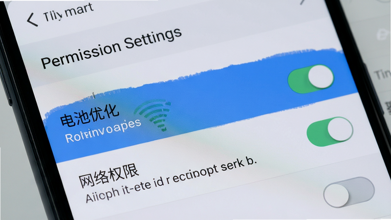 主体为Tiny Smart手机端设置界面特写,布局为列表式菜单,高亮显示“电池优化”与“网络权限”选项,排版整洁,风格简洁明了,细节处显示开关状态与说明文字,画质清晰,干净,无多余元素,背景为浅灰色,文字标签为“Permission Settings”