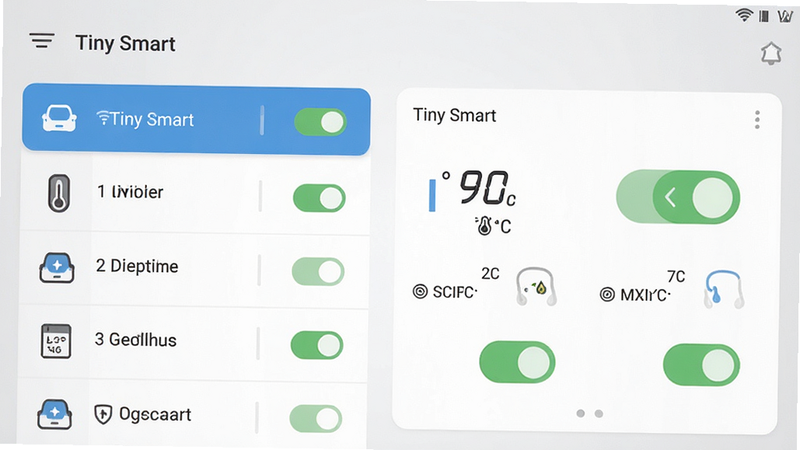 主体为Tiny Smart安卓应用主界面,布局清晰,左侧为设备列表,右侧为当前环境数据仪表盘,排版采用扁平化设计,风格现代简约,细节处显示温湿度数值与开关状态,画质高清,干净,无多余元素,背景为浅灰色渐变,文字标签为“Tiny Smart”