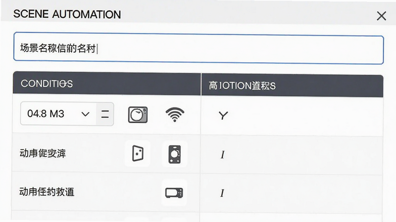 主体为Tiny Smart场景设置界面,布局为上下结构,上方是场景名称输入框,下方是条件与动作列表,排版紧凑有序,风格实用主义,细节处显示时间选择器与设备图标,画质细腻,干净,无多余元素,背景为白色,文字标签为“Scene Automation”