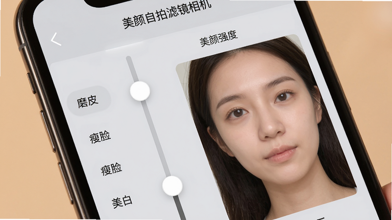 主体为手机屏幕特写,展示“美颜自拍滤镜相机”的美颜参数调节界面,左侧滑动条显示“磨皮”、“瘦脸”、“美白”等选项,右侧实时预览人物面部变化,界面背景为浅灰色,文字“美颜强度”清晰可见,风格科技感与温馨感结合,高清细节,无水印