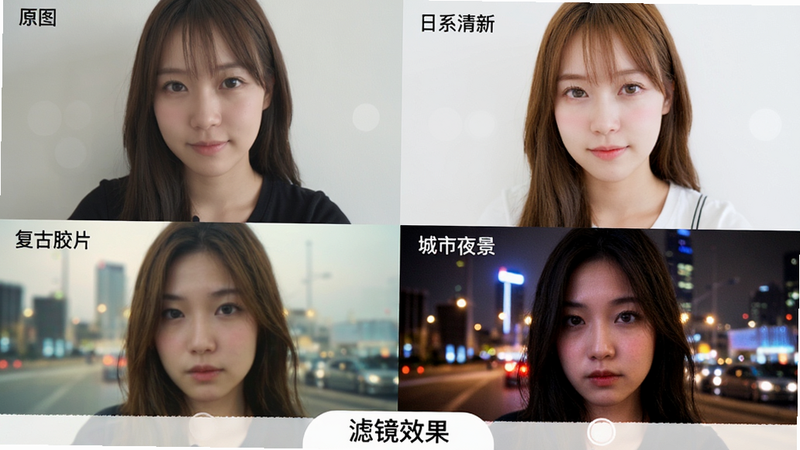 主体为四宫格对比图,展示“美颜自拍滤镜相机”的不同滤镜效果,左上为原图,右上为“日系清新”滤镜,左下为“复古胶片”,右下为“城市夜景”,每格图片清晰,色彩鲜明,布局整齐,背景为纯白,文字标签“滤镜效果”位于底部中央,高清画质