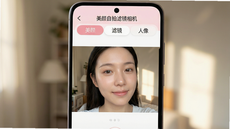 主体为一部最新款安卓智能手机,屏幕中央显示“美颜自拍滤镜相机”APP界面,界面风格清新简约,主色调为淡粉色与白色,顶部有“美颜”、“滤镜”、“人像”三个清晰标签,中间预览区展示一位用户正在自拍,面部皮肤质感自然透亮,无明显过度磨皮痕迹,背景为柔和的室内光影,整体布局整洁,文字清晰,高清画质,干净无杂乱元素