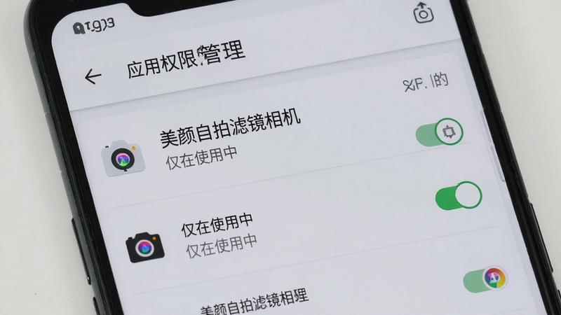 主体为安卓手机设置界面,显示“应用权限管理”页面,其中“美颜自拍滤镜相机”的相机与存储权限被设置为“仅在使用中”,界面简洁,文字清晰,背景为浅灰色,高清画质,无多余元素