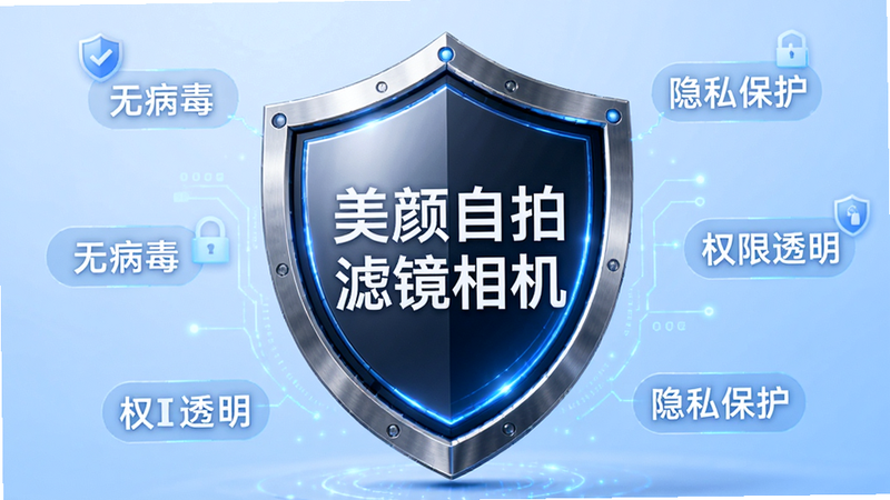 主体为安全盾牌图标,中心显示“美颜自拍滤镜相机”字样,周围环绕“无病毒”、“权限透明”、“隐私保护”等文字,背景为淡蓝色渐变,风格科技感强,高清细节,无水印