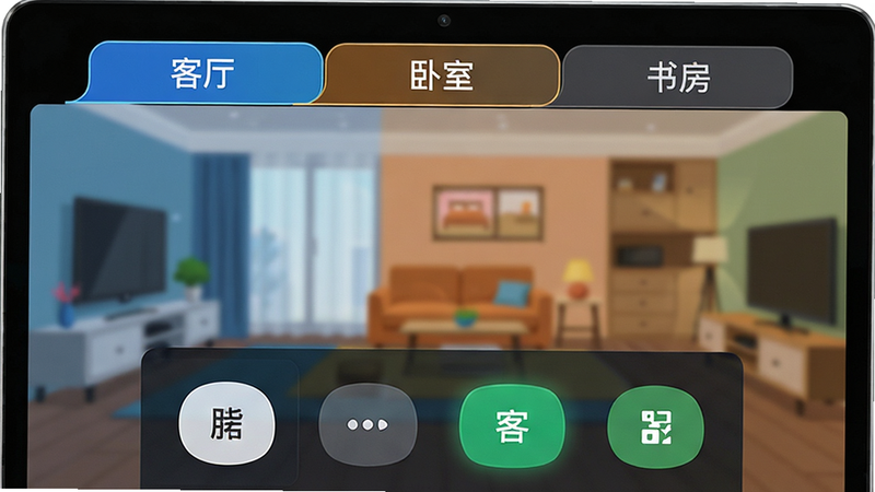 一张展示万能智慧遥控器多房间切换界面的设计图,屏幕上方有三个标签页分别写着“客厅”、“卧室”、“书房”,当前选中“客厅”,下方显示对应的电视控制面板,背景虚化显示不同房间的家具轮廓,体现空间感,色彩区分明显,布局规整,风格科技感与家居感结合,清晰度高,无多余文字干扰