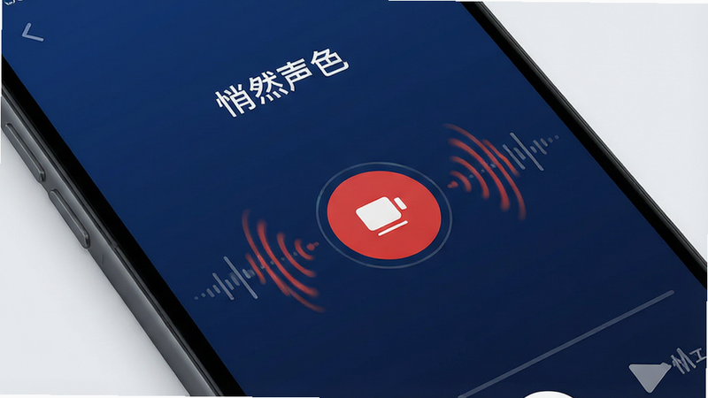 手机屏幕特写,显示“悄然声色”APP的录音界面,中间有一个红色录音按钮,周围有声波动态效果,背景为深蓝色,风格现代简约,细节精致,画质清晰,干净,无多余元素