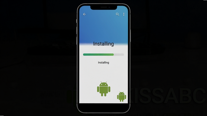 һ��չʾ�ֻ��˰�װKISSABC���̵Ľ���ģ��ͼ������Ϊ�ֻ���Ļ����ʾ��װ�������롮Installing�����֣�����Ϊ������ɫ���䣬���ִ�ֱ���У��Ű���������񼫼�ϸ�ڴ��а�׿������ͼ�꣬�����������ɾ����޶���Ԫ��