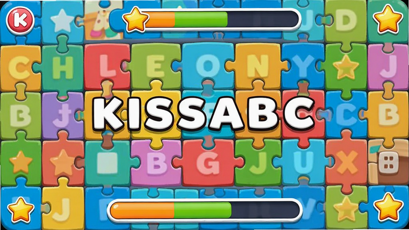 һ��չʾKISSABC��Ϸ�ؿ������ʾ��ͼ������Ϊɫ�ʰ�쵵�ƴͼ��Ϸ���棬��Ļ�����Ǵ�ƴ�ϵ�Ӣ�ﵥ��ͼƬ����Χ�ֲ�����Ϸ�÷ֽ����������ֽ��������Ű���Ϸ������񻶿���ã�ϸ�ڴ������ǽ���ͼ�꣬���ʾ��£��ɾ����޶���Ԫ��