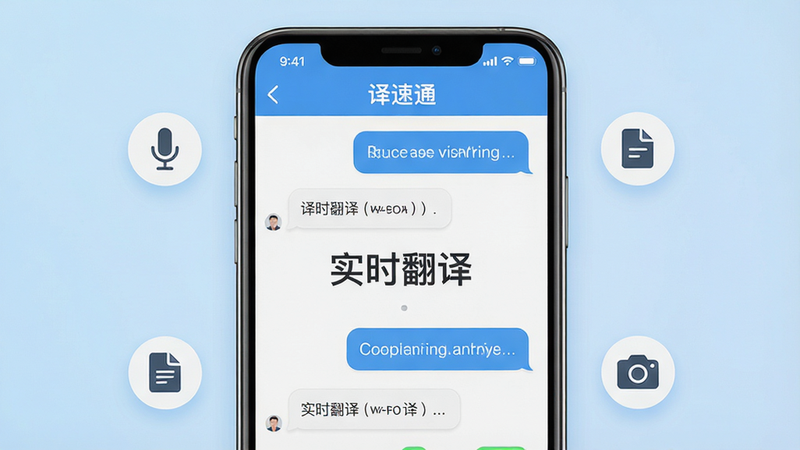 一张高质量的产品宣传图,主体为“译速通”APP手机界面截图,背景为干净的浅蓝色渐变,展示中文与英文对话气泡,界面中心显示“实时翻译”字样,周围环绕着简洁的图标如麦克风、文档、相机,风格现代扁平化,细节精致,画质高清,无多余元素