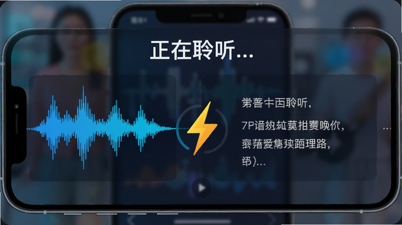 模拟手机屏幕的插图,展示一个正在进行的语音对话界面,左侧是中文波形图,右侧是英文文本,中间有一个闪电符号表示快速,背景模糊处理突出前景,文字内容清晰显示“正在聆听...”,风格科技感强,色彩鲜明,布局紧凑,画质清晰,无水印