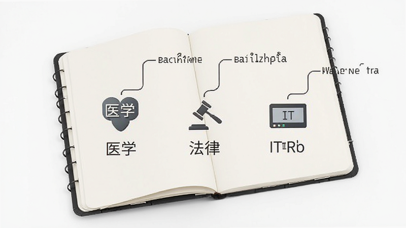 概念图,展示一个打开的笔记本,页面上是“医学”、“法律”、“IT”三个图标,每个图标旁连接着对应的翻译词条,线条简洁流畅,背景为白色,强调专业性和定制化,风格极简主义,构图平衡,无多余装饰,画质细腻