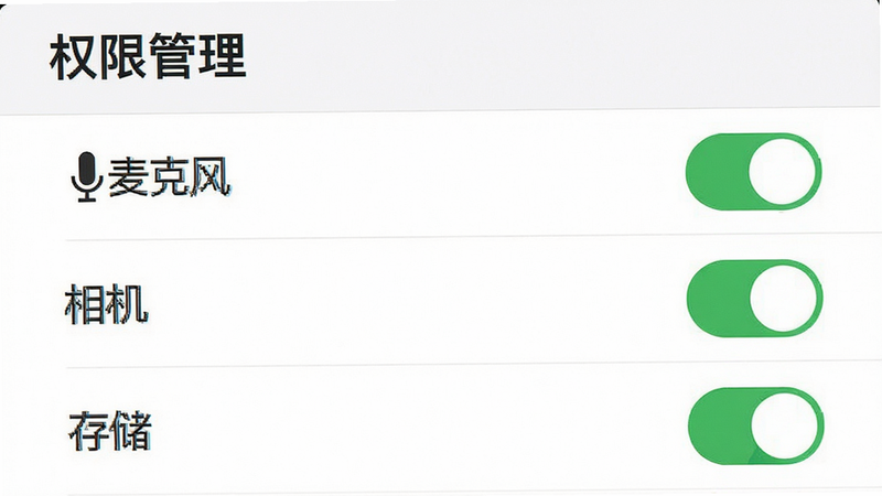 一张手机设置界面的示意图,显示“权限管理”列表,其中“麦克风”、“相机”、“存储”三个开关均为绿色开启状态,界面简洁,文字清晰,背景为纯白,风格扁平化,无其他干扰元素,画质清晰