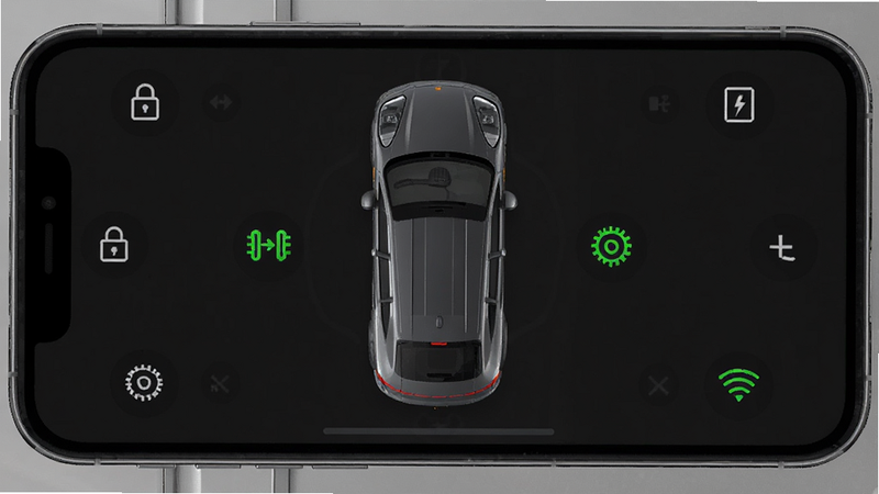 �ֻ���Ļ����չʾ����ʾһ����ʱ��SUV�ĸ���ͼ����Χ����ɫ��״ָ̬ʾ�ƣ���������������̥ѹ������������Ƽ���ִ�����ɫģʽ��ͼ���������޶���װ�Σ�����ƽ����ϸ�ھ��£�������Ⱦ