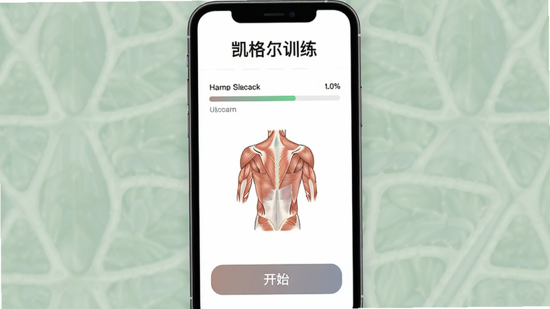 主体为手机屏幕界面,显示凯格尔训练App的主页,布局简洁现代,排版清晰,风格为扁平化设计,细节包含进度条、肌肉示意图和开始按钮,画质高清,干净,无多余元素,文字