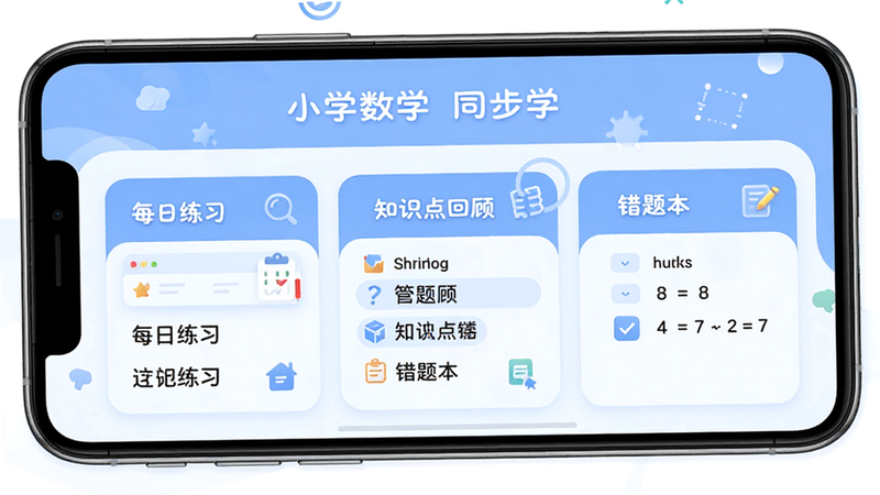 主体为手机屏幕界面,显示“小学数学同步学”App首页,布局清晰分为“每日练习”、“知识点回顾”和“错题本”三个板块,排版采用扁平化设计风格,色彩以柔和的蓝色和白色为主,细节处有数学公式图标点缀,画质高清,干净无多余元素