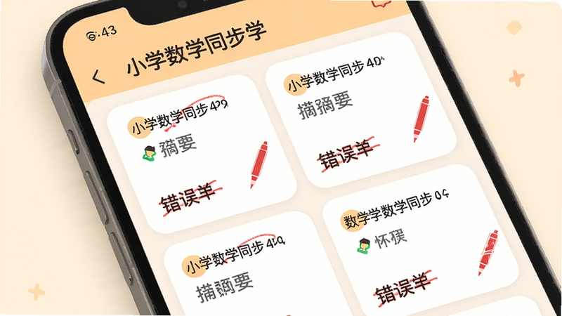 主体为手机界面,展示“小学数学同步学”的错题本页面,布局采用卡片式设计,每张卡片包含题目摘要和错误标记,排版疏密有致,风格温馨友好,细节处有红色纠错笔迹效果,画质高清,干净简洁