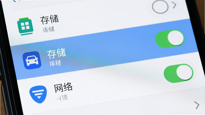 主体为手机设置界面,展示权限管理页面,布局为列表形式,高亮显示“存储”和“网络”权限开关,排版简洁,风格系统原生,细节包含权限图标,画质清晰,无多余装饰