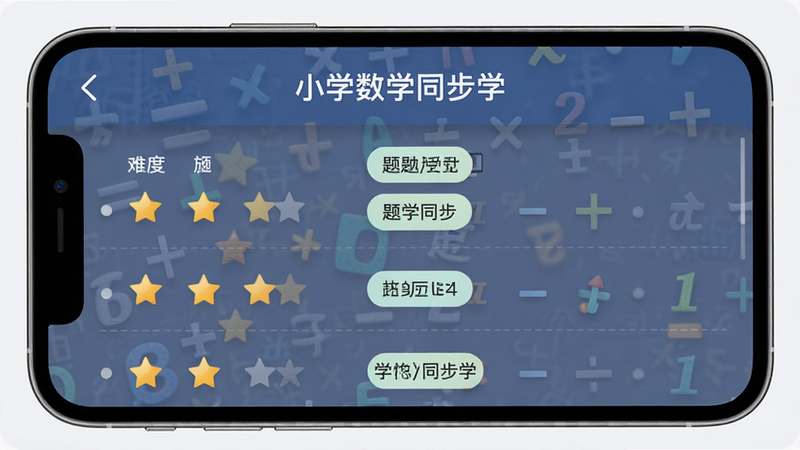 主体为手机界面截图,展示“小学数学同步学”的题库列表页,布局为列表形式,左侧显示题目难度星级,右侧显示题目类型标签,排版整齐,风格现代简约,细节包含数学运算符号背景纹理,画质清晰,无杂乱元素