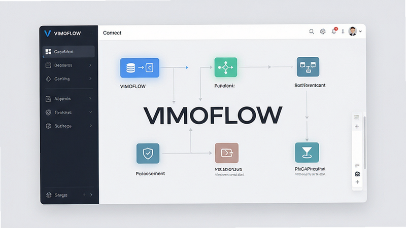 ����Ϊ VIMOFLOW Ӧ�ý���ȫ��չʾ�����ֲ�����ർ�����Ҳ��������ṹ���Ű��������࣬���Ϊ�ִ���ƽ����ƣ�ϸ�ڰ������������̽ڵ�ͼ���뼫������ֱ�ǩ�����ʸ��壬�ɾ��޶���Ԫ�أ�����Ϊ��͵�ǳ��ɫ����Ļ������ʾ'VIMOFLOW'����