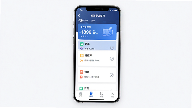 主体为“签派考试复习”APP的手机界面展示图,布局为竖屏全屏,排版清晰,风格为简约商务科技风,细节包含顶部状态栏、中部清晰的题库列表卡片、底部导航栏,文字包含“首页”、“题库”、“错题”、“我的”,画质高清,背景干净无多余元素