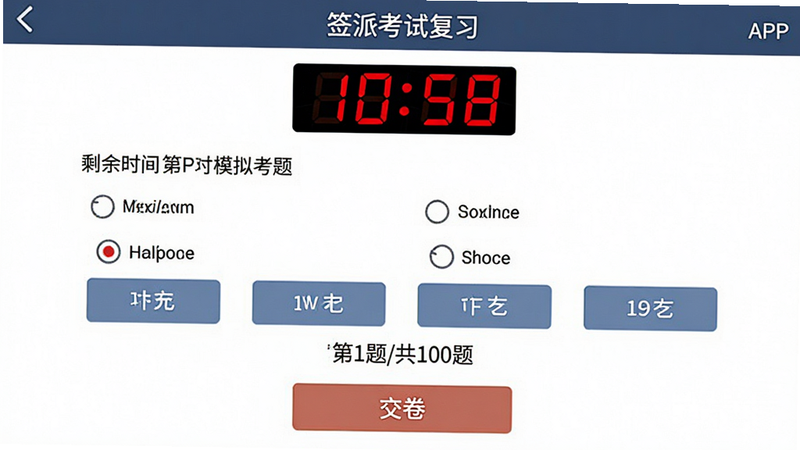 主体为“签派考试复习”APP的模拟考场界面,布局为居中对称,排版紧凑,风格为严肃专业的考试界面,细节包含红色的倒计时数字、单选题题干、四个选项按钮、底部的“交卷”按钮,文字包含“剩余时间”、“第1题/共100题”,画质清晰,无水印