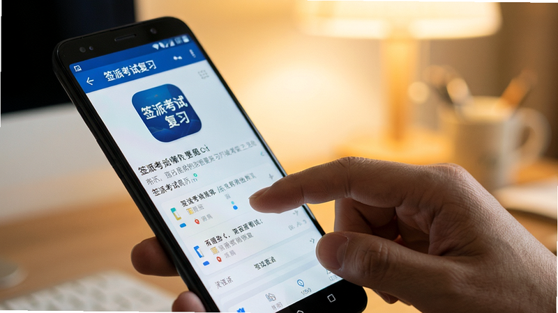 主体为一只手拿着安卓手机正在使用“签派考试复习”APP的场景图,布局为近景特写,排版自然,风格为写实摄影风,细节包含手指点击屏幕动作、屏幕上的题目界面、柔和的背景灯光,文字包含“签派考试复习”APP图标,画质真实,光影自然,无多余杂物