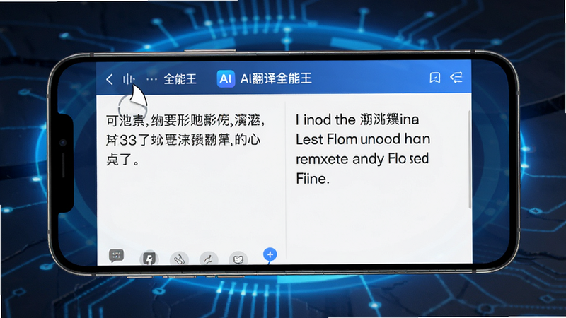主体为手机屏幕展示“AI翻译全能王”App界面,布局清晰,左侧输入区显示中文文本,右侧输出区显示流畅的英文译文,排版采用左右分栏式设计,风格简约现代,细节处体现高科技感的蓝色光晕背景,画质清晰,干净无多余元素