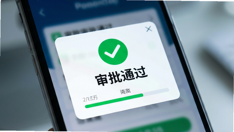 主体为手机屏幕特写,显示贷款审批通过的通知界面,布局为弹窗式,中心绿色对勾图标,下方文字“审批通过”,背景模糊处理突出主体,风格科技感与信任感并存,细节包含数字进度条,画质锐利,干净,无多余元素,文字“审批通过”加粗显示