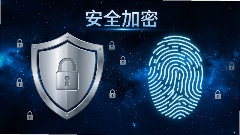 主体为盾牌图标与指纹识别图案,布局为左右对称,左侧为银色盾牌,右侧为发光的指纹波纹,背景为深蓝色星空,风格安全与科技融合,细节包含锁形符号点缀,画质高保真,干净,无多余元素,文字“安全加密”悬浮于上方