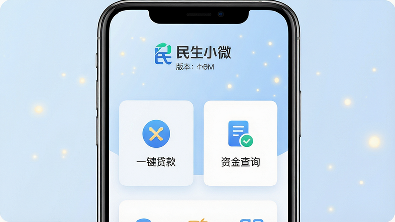 主体为民生小微APP的手机界面展示,布局采用居中卡片式设计,顶部显示“民生小微”Logo及版本号,中间突出“一键贷款”和“资金查询”两个核心功能图标,背景为淡蓝色渐变,风格现代简约商务风,细节包含微小的金色光点装饰,画质高清,干净,无多余元素,文字“民生小微”清晰可见