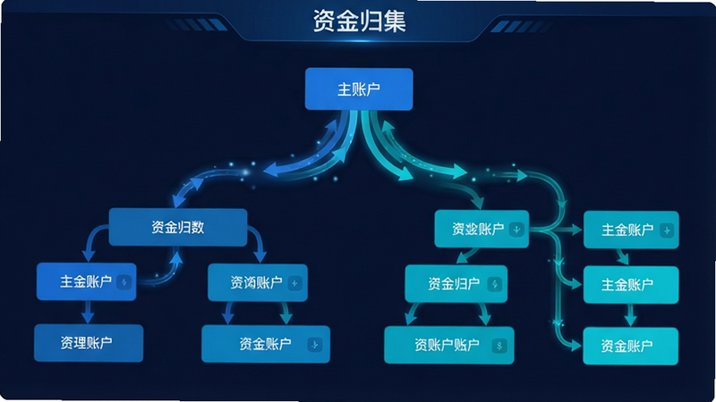 主体为资金流向图界面,布局为树状结构,展示多个子账户向主账户汇聚的过程,配色使用蓝色与青色区分不同账户层级,风格扁平化数据可视化,细节包含流动的光效箭头,画质清晰,干净,无多余元素,文字“资金归集”作为标题显示