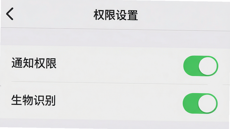 主体为手机设置界面截图,布局为列表式,高亮显示“通知权限”和“生物识别”选项,背景为浅灰色,风格简洁直观,细节包含开关按钮的绿色状态,画质清晰,干净,无多余元素,文字“权限设置”作为标题