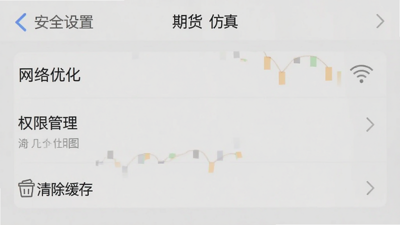 主体为“期货仿真”APP的设置界面,布局为列表形式,排版清晰,风格简洁,细节展示“网络优化”、“权限管理”、“清除缓存”等选项,文字标注“安全设置”,画质清晰,背景浅灰色,无多余元素